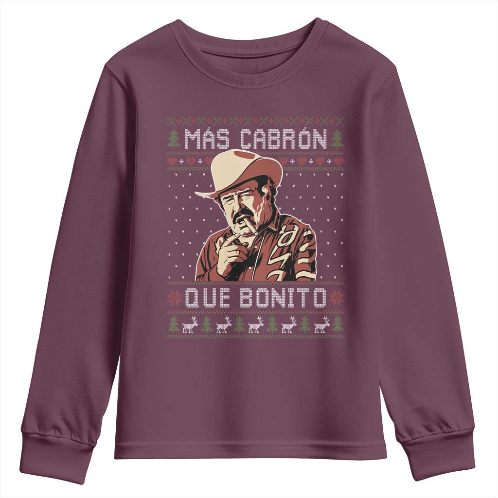Funny Julian Garza Christmas Youth Sweatshirt Mas Cabron Que Bonito Cowboy Holiday Mexican Xmas TS11 Maroon Print Your Wear