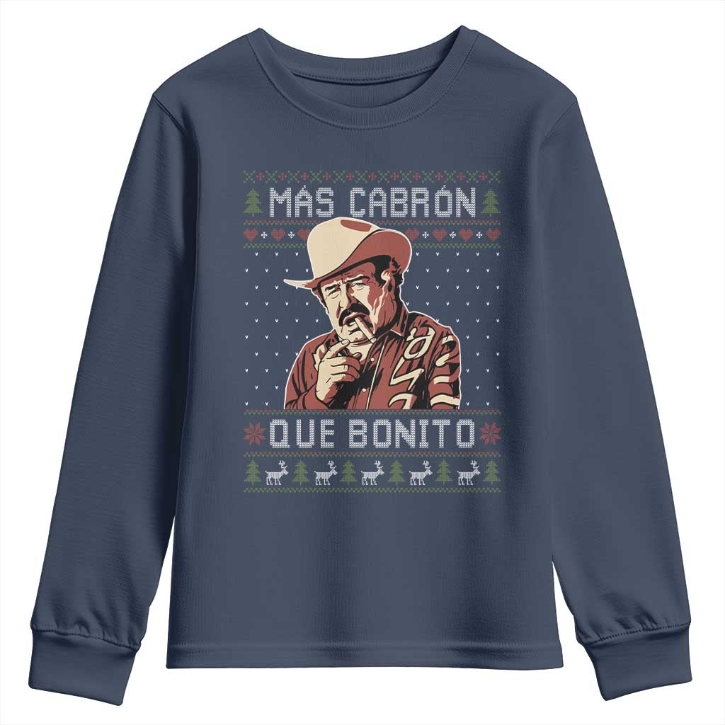 Funny Julian Garza Christmas Youth Sweatshirt Mas Cabron Que Bonito Cowboy Holiday Mexican Xmas TS11 Navy Print Your Wear
