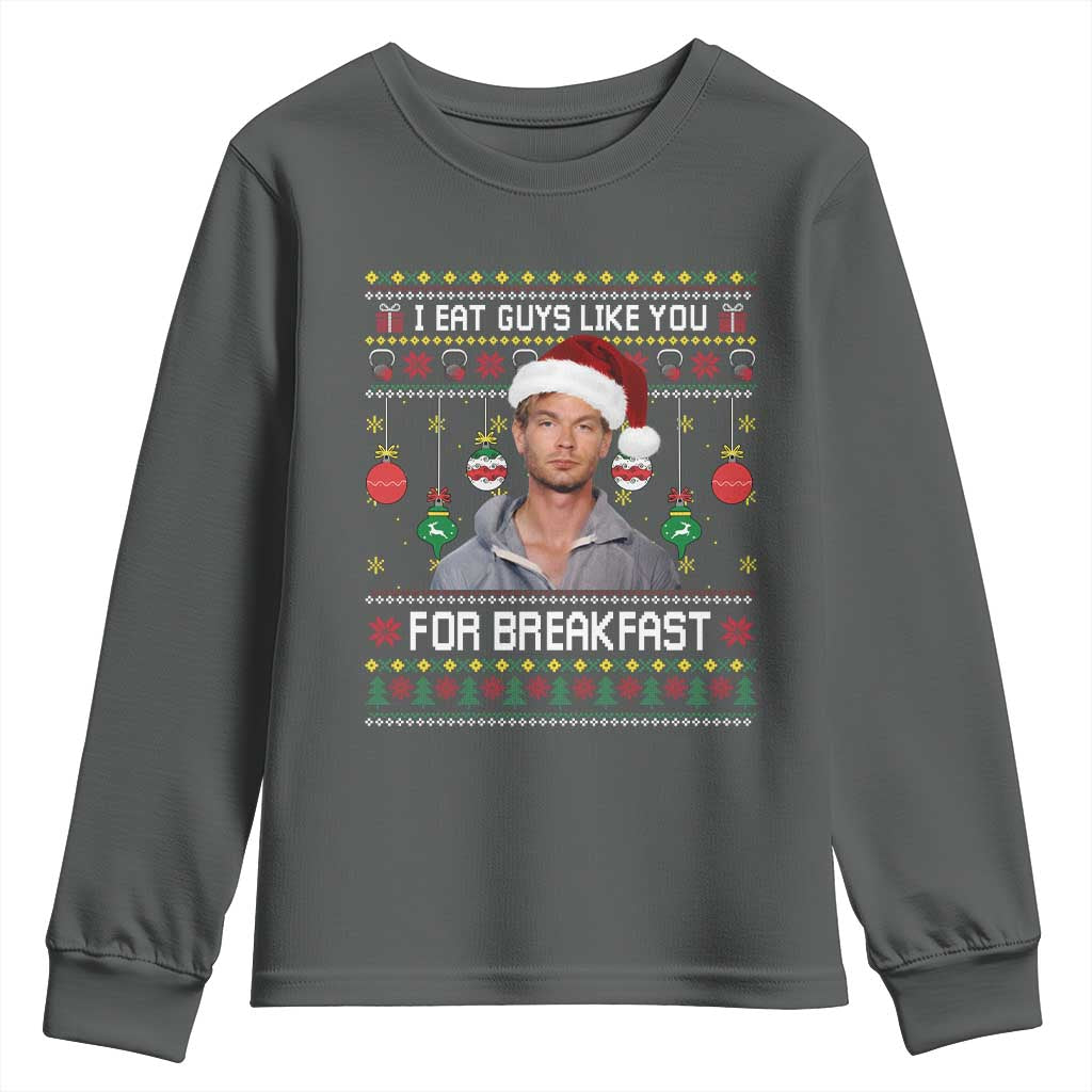 Funny Christmas Jeffrey Dahmer Youth Sweatshirt I Eat Guys Like You For Breakfast Serial Killer TS11 Dark Heather Print Your Wear