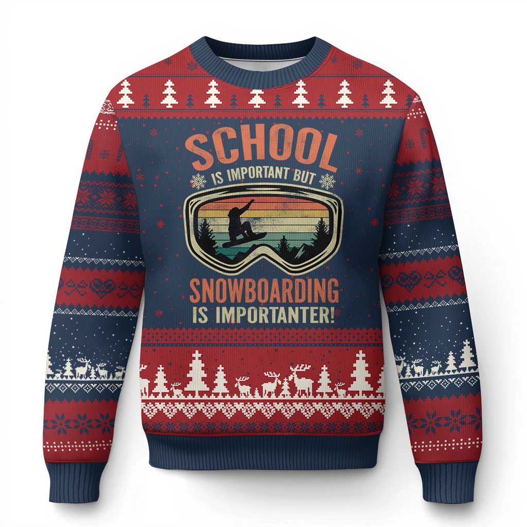 Funny School Is Important But Snowboarding Is Importanter Ugly Christmas Sweater TS11 Navy Red Print Your Wear