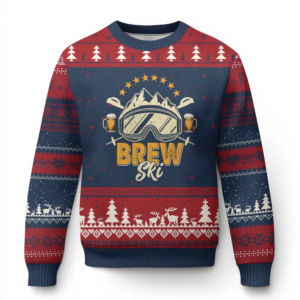 Brewski Skiing Beer Ugly Christmas Sweater Funny Skiing Skier Ski Vacation TS11 Navy Red Print Your Wear