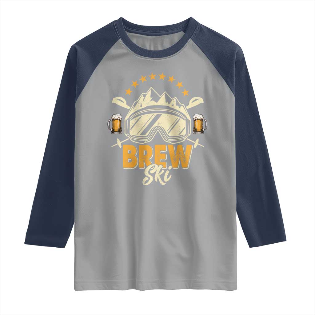 Brewski Skiing Beer Raglan Shirt Funny Skiing Skier Ski Vacation TS11 Sport Gray Navy Print Your Wear