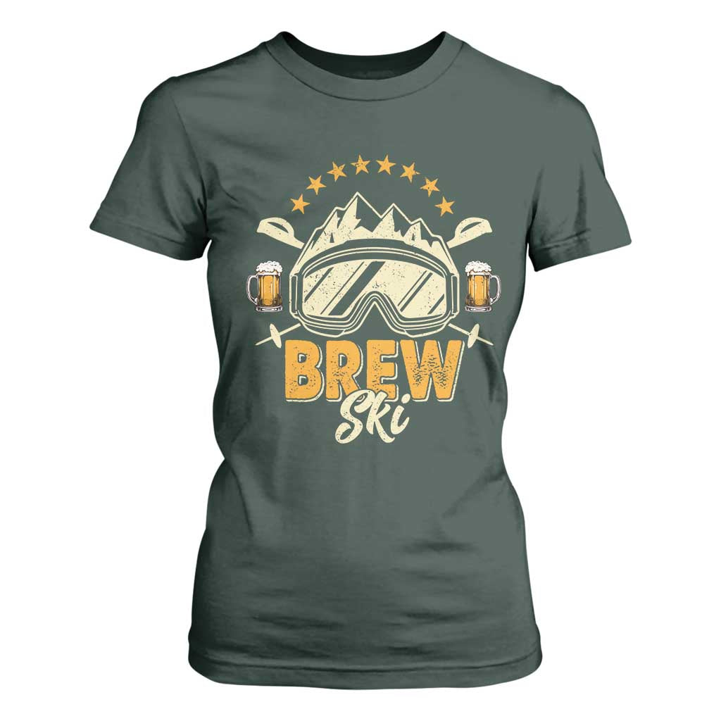 Brewski Skiing Beer T Shirt For Women Funny Skiing Skier Ski Vacation TS11 Dark Forest Green Print Your Wear