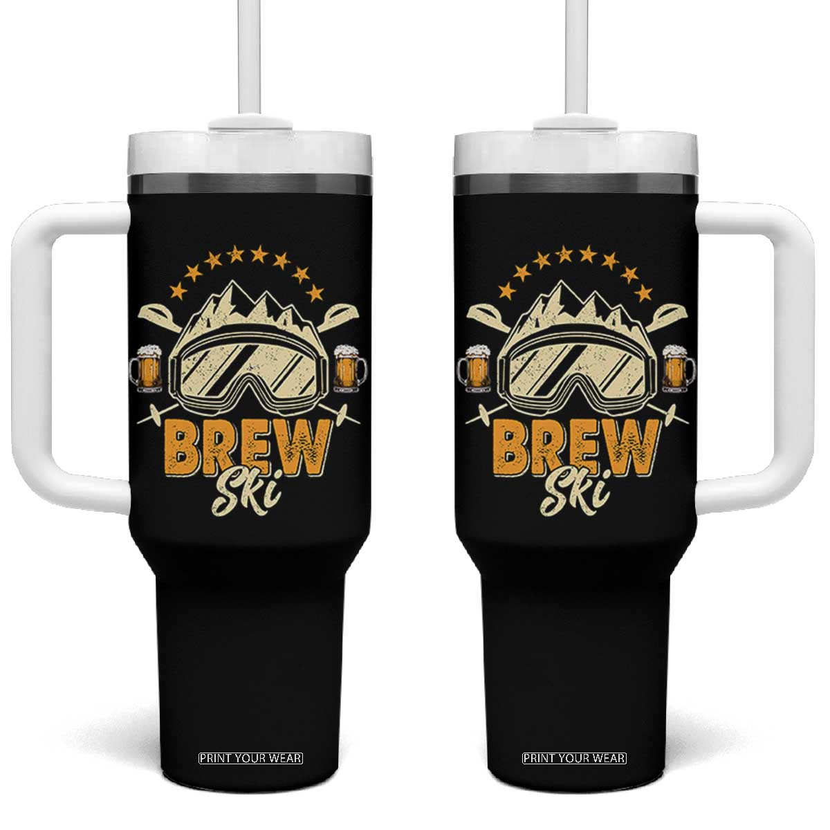 Brewski Skiing Beer Tumbler With Handle Funny Skiing Skier Ski Vacation TS11 One Size: 40 oz Black Print Your Wear