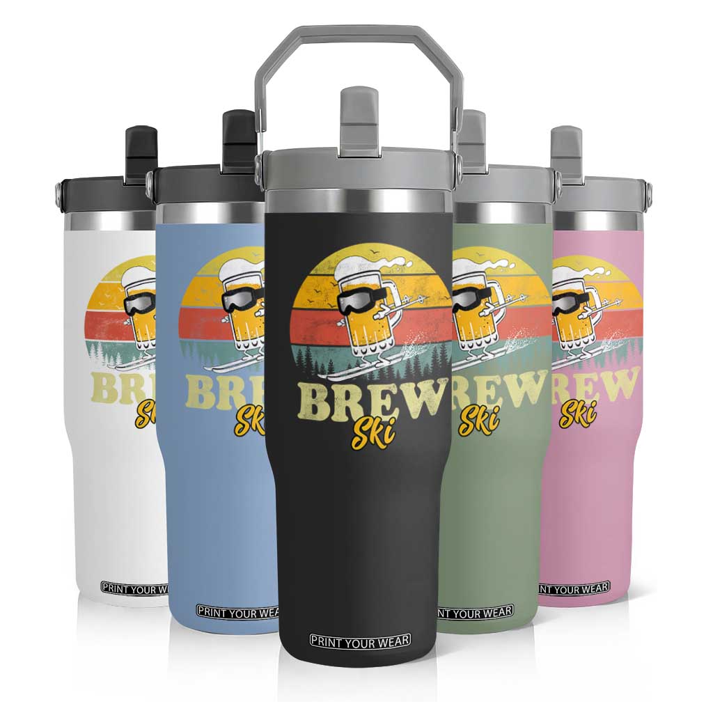 Brewski Skiing Beer Flip Straw Tumbler Funny Skiing Skier Ski Vacation Retro Sunset TS11 Print Your Wear