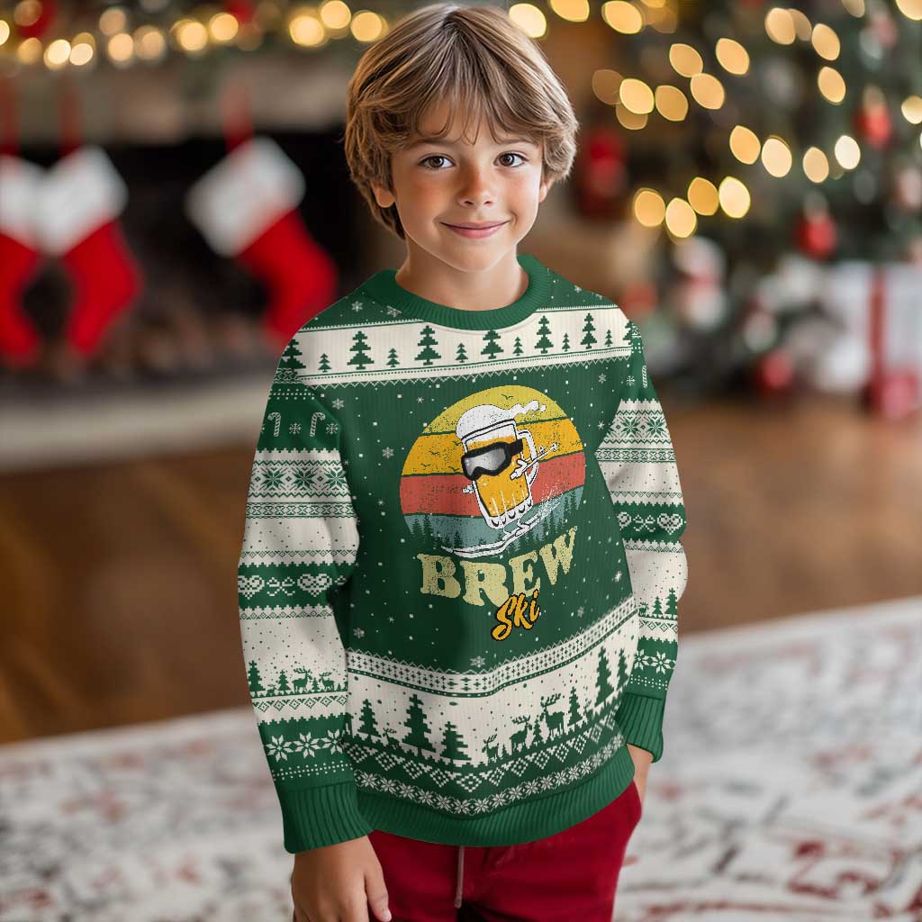 Brewski Skiing Beer Ugly Christmas Sweater Funny Skiing Skier Ski Vacation Retro Sunset TS11 Forest Green Beige Print Your Wear