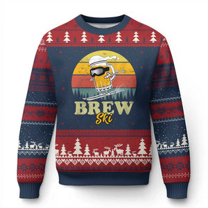 Brewski Skiing Beer Ugly Christmas Sweater Funny Skiing Skier Ski Vacation Retro Sunset TS11 Navy Red Print Your Wear