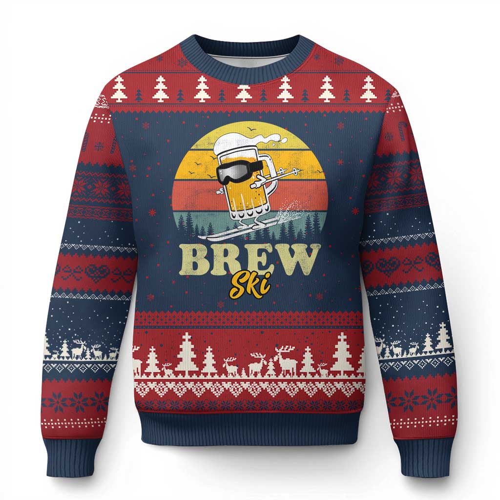 Brewski Skiing Beer Ugly Christmas Sweater Funny Skiing Skier Ski Vacation Retro Sunset TS11 Navy Red Print Your Wear