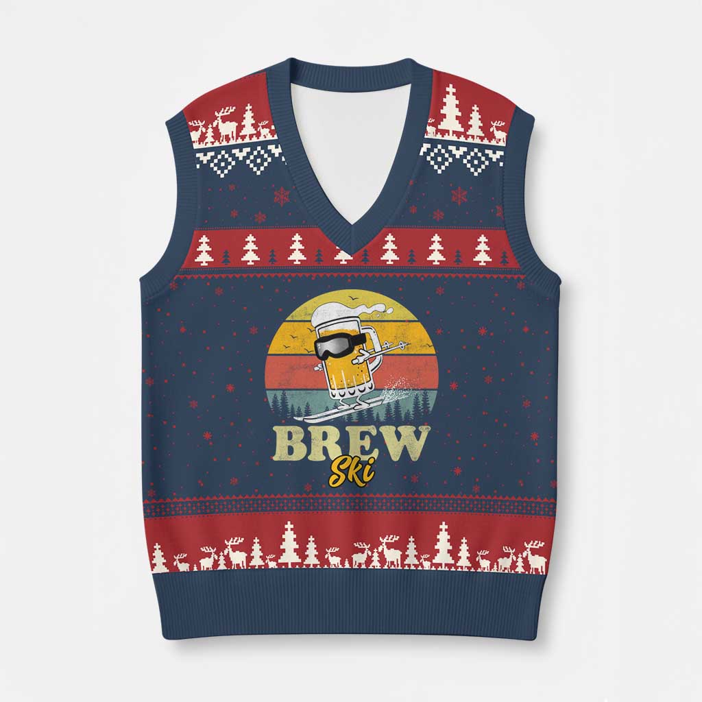 Brewski Skiing Beer V-Neck Knit Sweater Vest Funny Skiing Skier Ski Vacation Retro Sunset TS11 Navy Red Print Your Wear