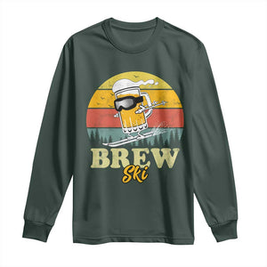 Brewski Skiing Beer Long Sleeve Shirt Funny Skiing Skier Ski Vacation Retro Sunset TS11 Dark Forest Green Print Your Wear