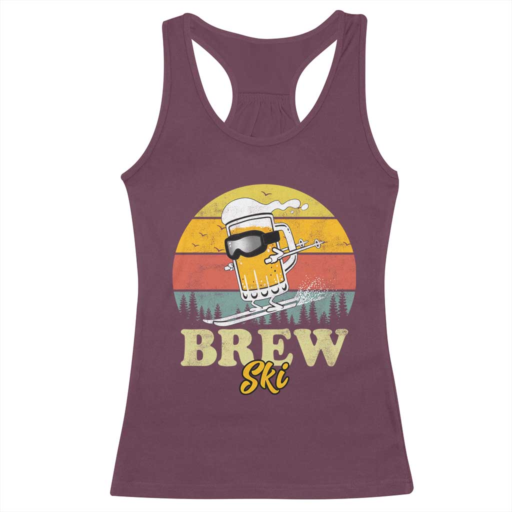 Brewski Skiing Beer Racerback Tank Top Funny Skiing Skier Ski Vacation Retro Sunset TS11 Maroon Print Your Wear