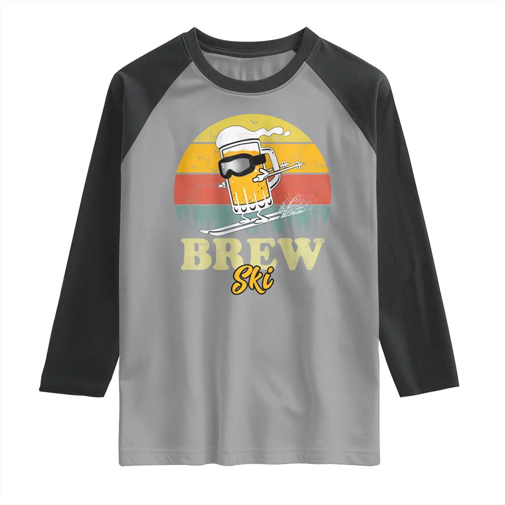 Brewski Skiing Beer Raglan Shirt Funny Skiing Skier Ski Vacation Retro Sunset TS11 Sport Gray Black Print Your Wear