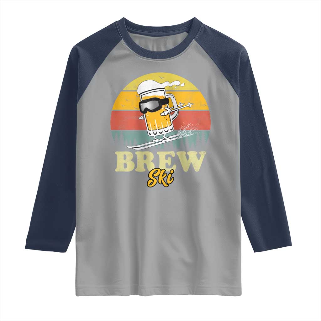 Brewski Skiing Beer Raglan Shirt Funny Skiing Skier Ski Vacation Retro Sunset TS11 Sport Gray Navy Print Your Wear