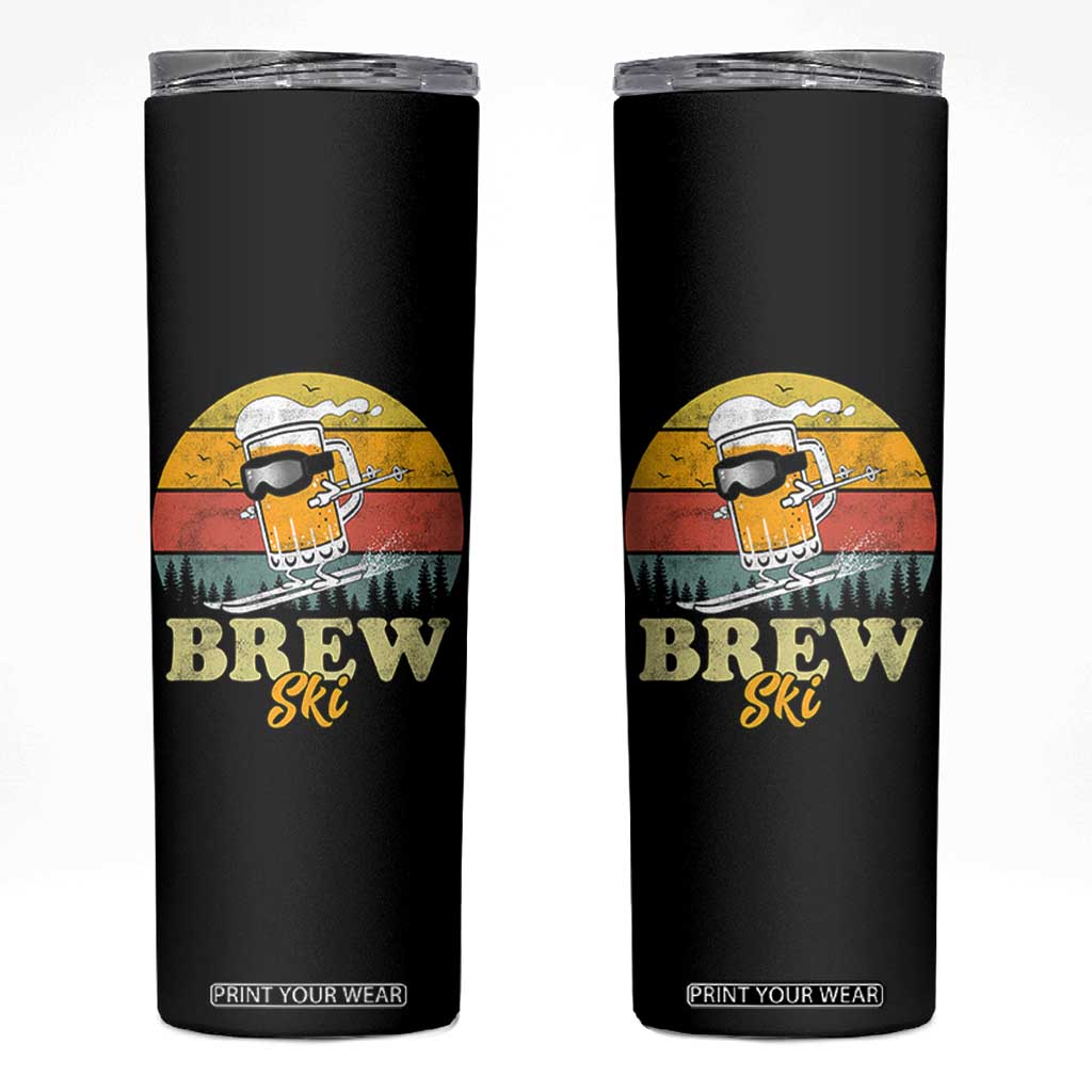 Brewski Skiing Beer Skinny Tumbler Funny Skiing Skier Ski Vacation Retro Sunset TS11 Black Print Your Wear