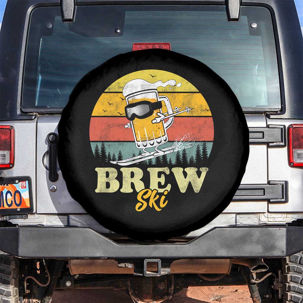 Brewski Skiing Beer Spare Tire Cover Funny Skiing Skier Ski Vacation Retro Sunset TS11 No hole Black Print Your Wear