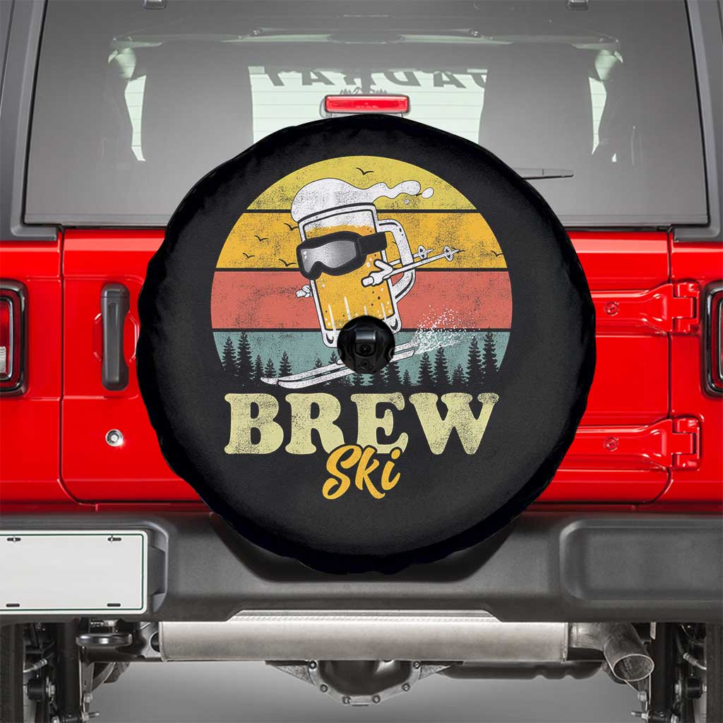 Brewski Skiing Beer Spare Tire Cover Funny Skiing Skier Ski Vacation Retro Sunset TS11 Black Print Your Wear