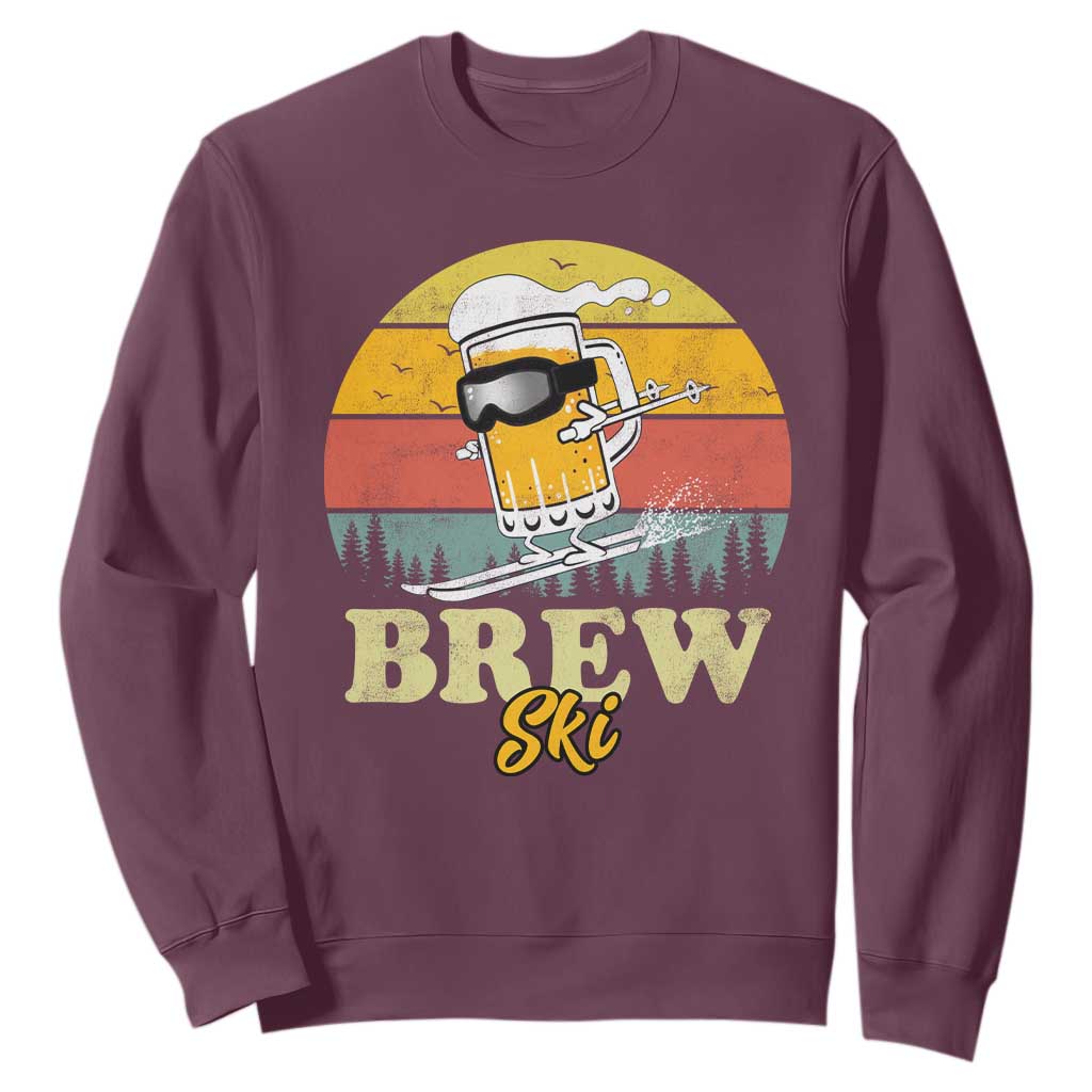 Brewski Skiing Beer Sweatshirt Funny Skiing Skier Ski Vacation Retro Sunset TS11 Maroon Print Your Wear