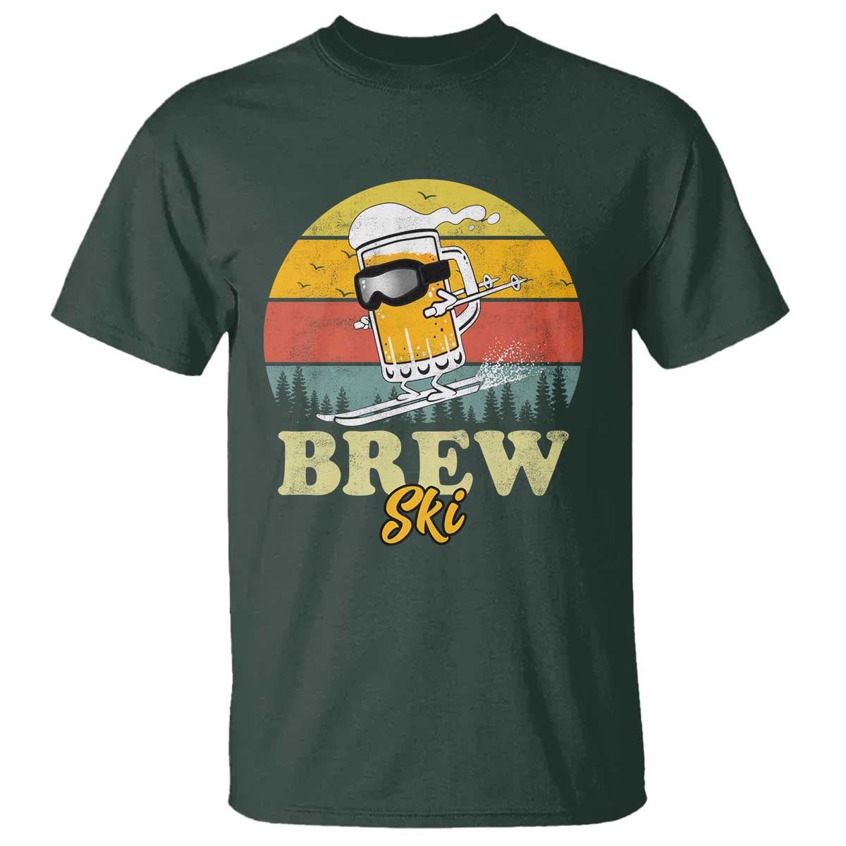 Brewski Skiing Beer T Shirt Funny Skiing Skier Ski Vacation Retro Sunset TS11 Dark Forest Green Print Your Wear