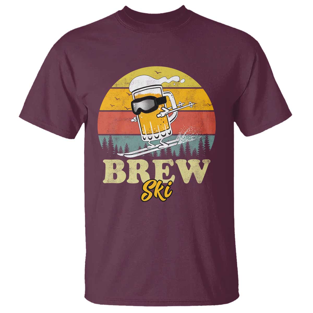 Brewski Skiing Beer T Shirt Funny Skiing Skier Ski Vacation Retro Sunset TS11 Maroon Print Your Wear