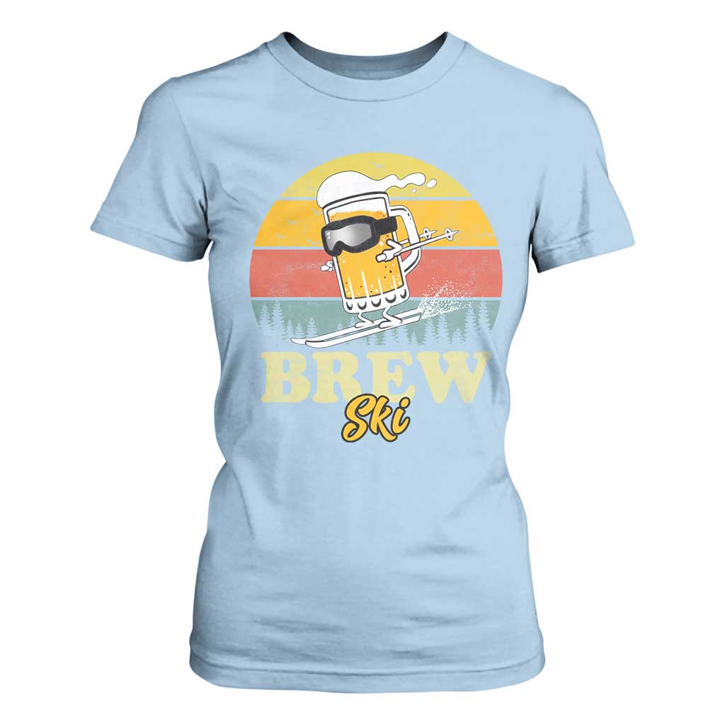 Brewski Skiing Beer T Shirt For Women Funny Skiing Skier Ski Vacation Retro Sunset TS11 Light Blue Print Your Wear