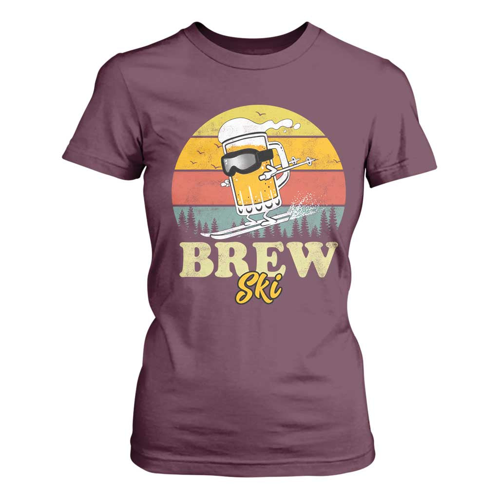 Brewski Skiing Beer T Shirt For Women Funny Skiing Skier Ski Vacation Retro Sunset TS11 Maroon Print Your Wear