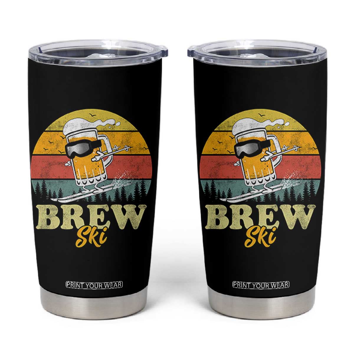 Brewski Skiing Beer Tumbler Cup Funny Skiing Skier Ski Vacation Retro Sunset TS11 Black Print Your Wear