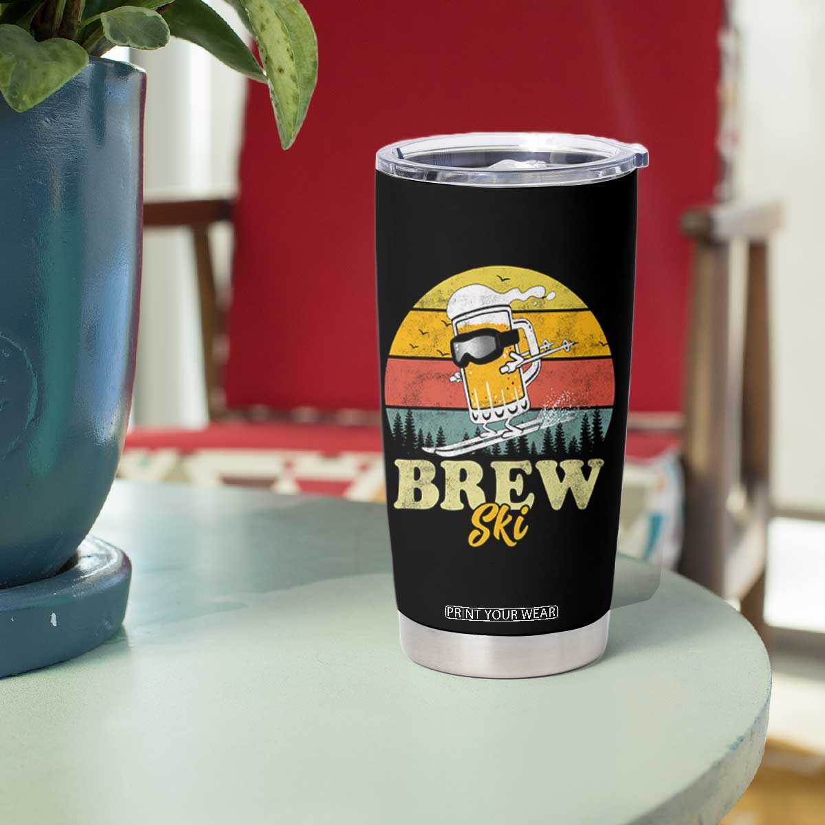 Brewski Skiing Beer Tumbler Cup Funny Skiing Skier Ski Vacation Retro Sunset TS11 Print Your Wear