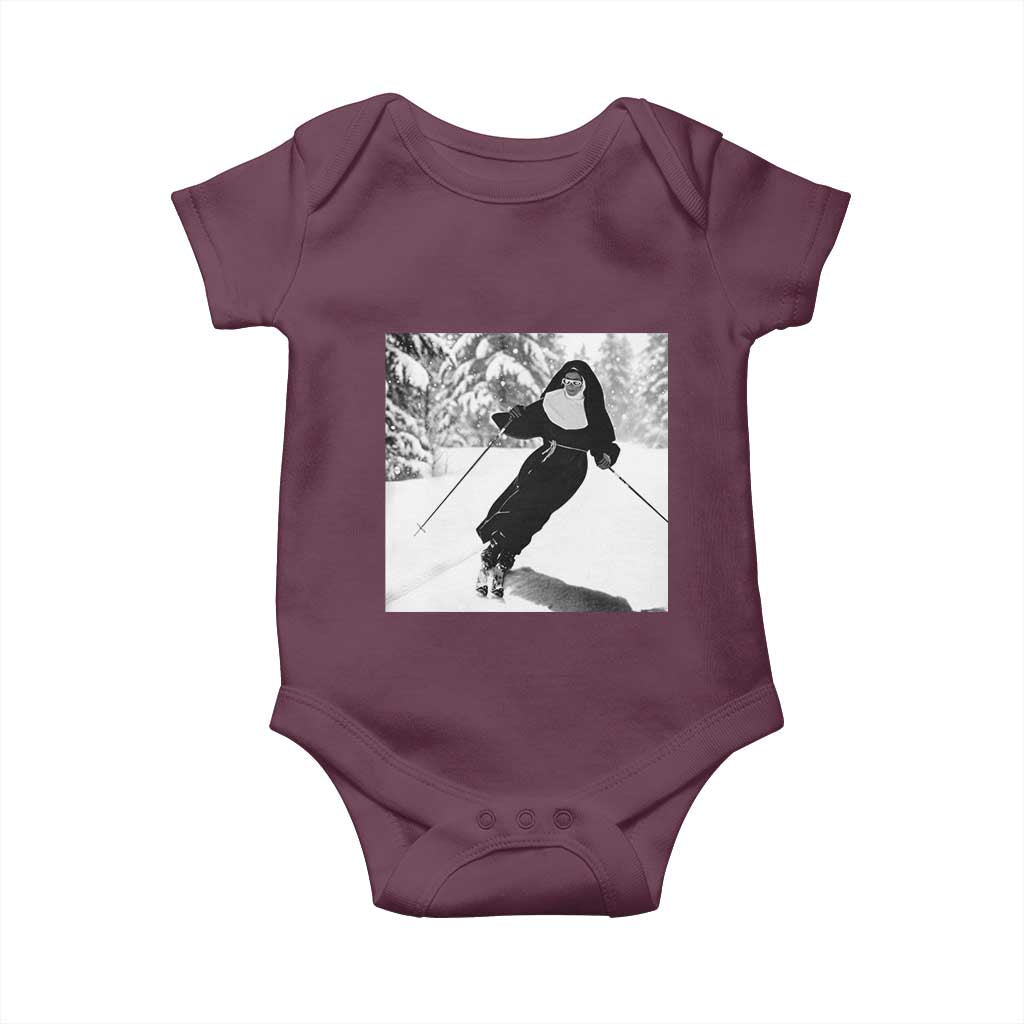 Funny Skiing Nun Graphics Photo Skier Winter Sport Baby Onesie TS11 Maroon Print Your Wear