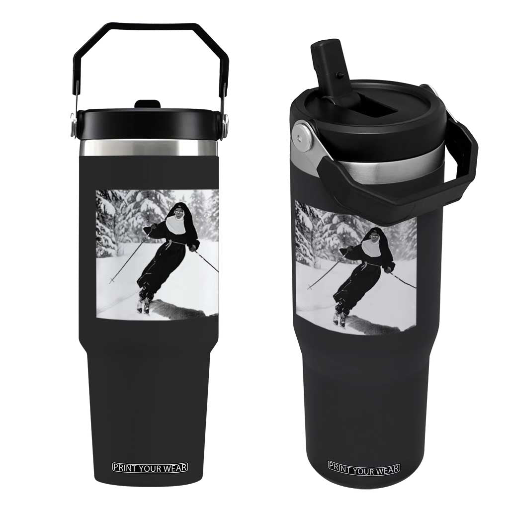 Funny Skiing Nun Graphics Photo Skier Winter Sport Flip Straw Tumbler TS11 One Size: 30 oz Black Print Your Wear