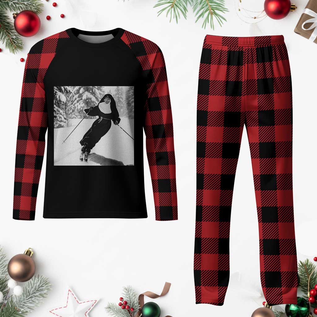 Funny Skiing Nun Graphics Photo Skier Winter Sport Plaid Pajama Set TS11 Buffalo Plaid Print Your Wear
