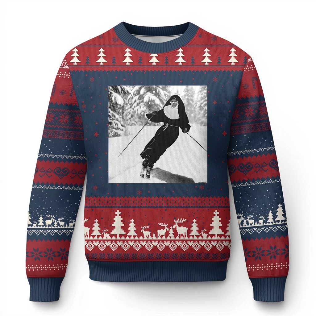 Funny Skiing Nun Graphics Photo Skier Winter Sport Ugly Christmas Sweater TS11 Navy Red Print Your Wear