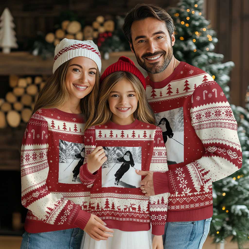 Funny Skiing Nun Graphics Photo Skier Winter Sport Ugly Christmas Sweater TS11 Red Beige Print Your Wear