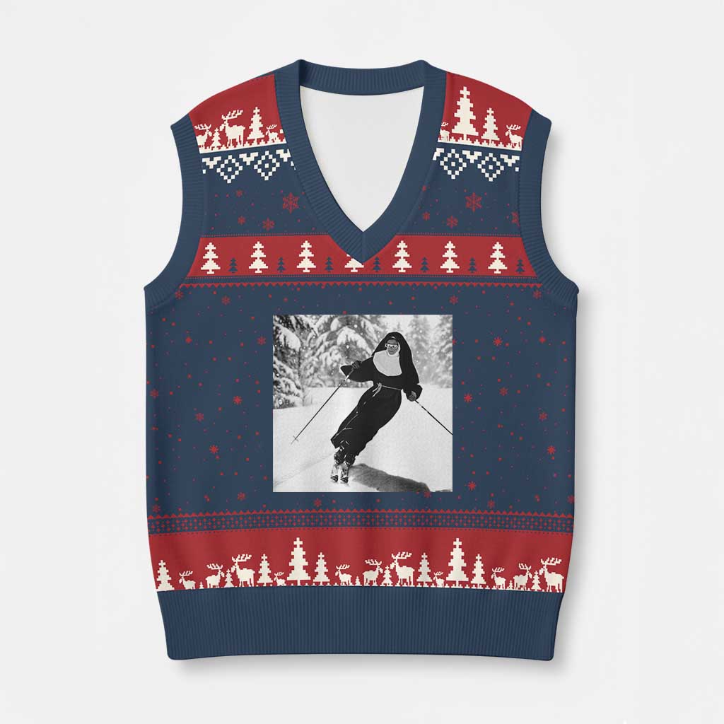 Funny Skiing Nun Graphics Photo Skier Winter Sport V-Neck Knit Sweater Vest TS11 Navy Red Print Your Wear