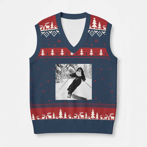 Funny Skiing Nun Graphics Photo Skier Winter Sport V-Neck Knit Sweater Vest TS11 Navy Red Print Your Wear