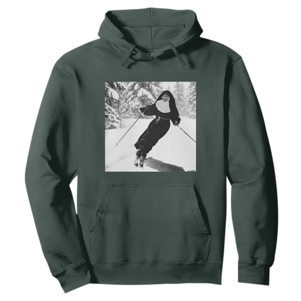 Funny Skiing Nun Graphics Photo Skier Winter Sport Hoodie TS11 Dark Forest Green Print Your Wear