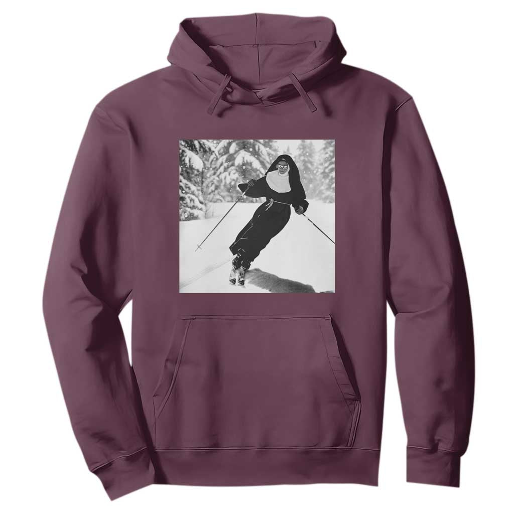 Funny Skiing Nun Graphics Photo Skier Winter Sport Hoodie TS11 Maroon Print Your Wear