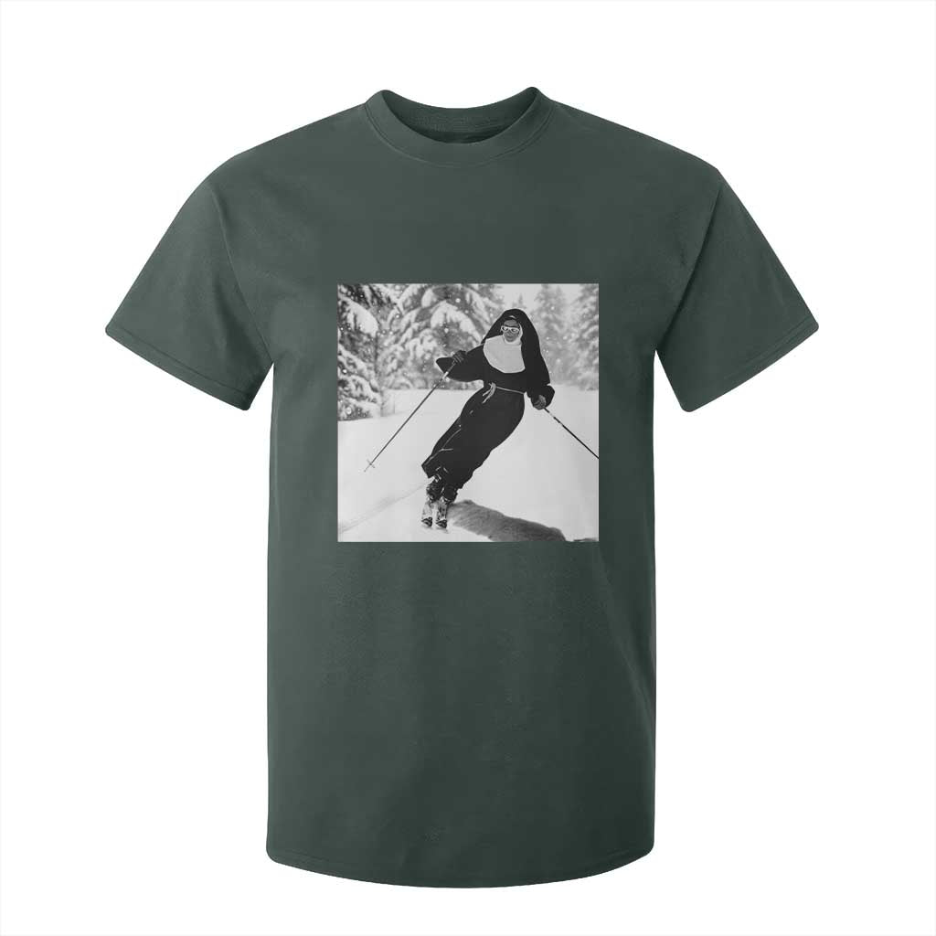 Funny Skiing Nun Graphics Photo Skier Winter Sport T Shirt For Kid TS11 Dark Forest Green Print Your Wear