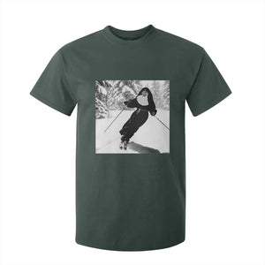 Funny Skiing Nun Graphics Photo Skier Winter Sport T Shirt For Kid TS11 Dark Forest Green Print Your Wear