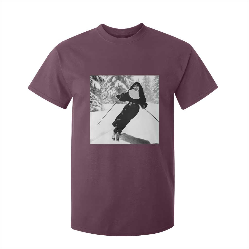 Funny Skiing Nun Graphics Photo Skier Winter Sport T Shirt For Kid TS11 Maroon Print Your Wear