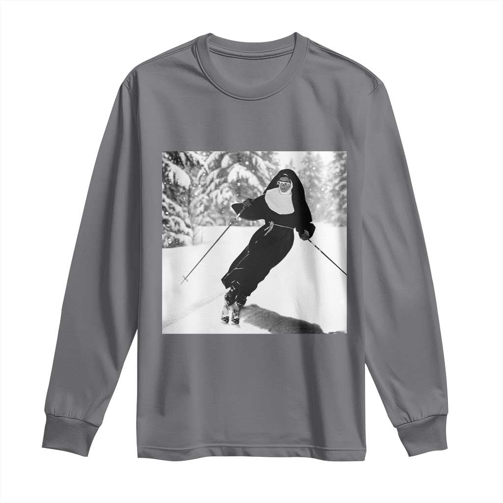 Funny Skiing Nun Graphics Photo Skier Winter Sport Long Sleeve Shirt TS11 Charcoal Print Your Wear