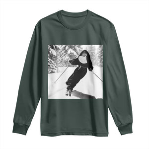 Funny Skiing Nun Graphics Photo Skier Winter Sport Long Sleeve Shirt TS11 Dark Forest Green Print Your Wear