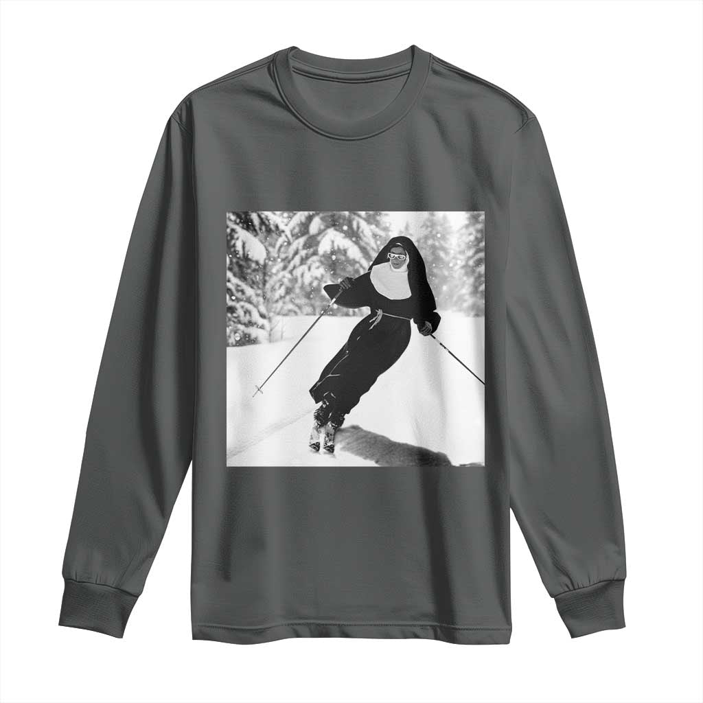 Funny Skiing Nun Graphics Photo Skier Winter Sport Long Sleeve Shirt TS11 Dark Heather Print Your Wear