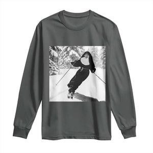 Funny Skiing Nun Graphics Photo Skier Winter Sport Long Sleeve Shirt TS11 Dark Heather Print Your Wear