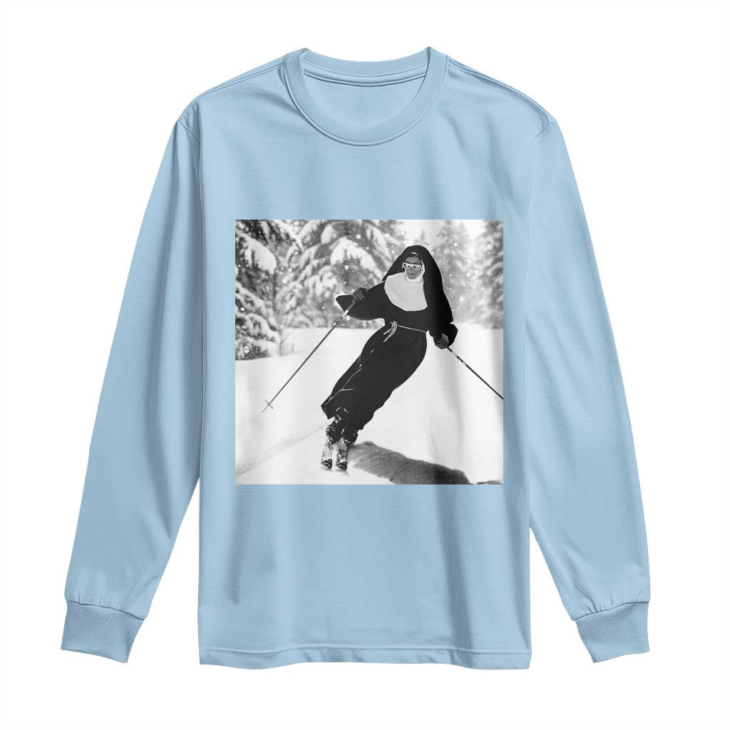 Funny Skiing Nun Graphics Photo Skier Winter Sport Long Sleeve Shirt TS11 Light Blue Print Your Wear