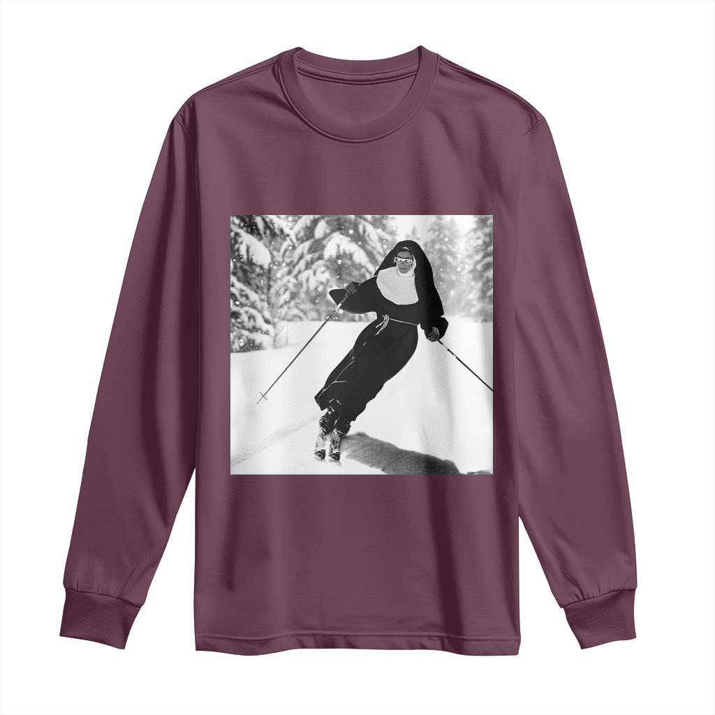 Funny Skiing Nun Graphics Photo Skier Winter Sport Long Sleeve Shirt TS11 Maroon Print Your Wear