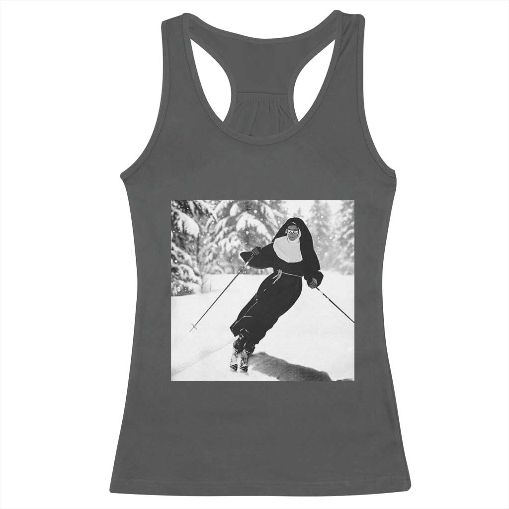 Funny Skiing Nun Graphics Photo Skier Winter Sport Racerback Tank Top TS11 Dark Heather Print Your Wear