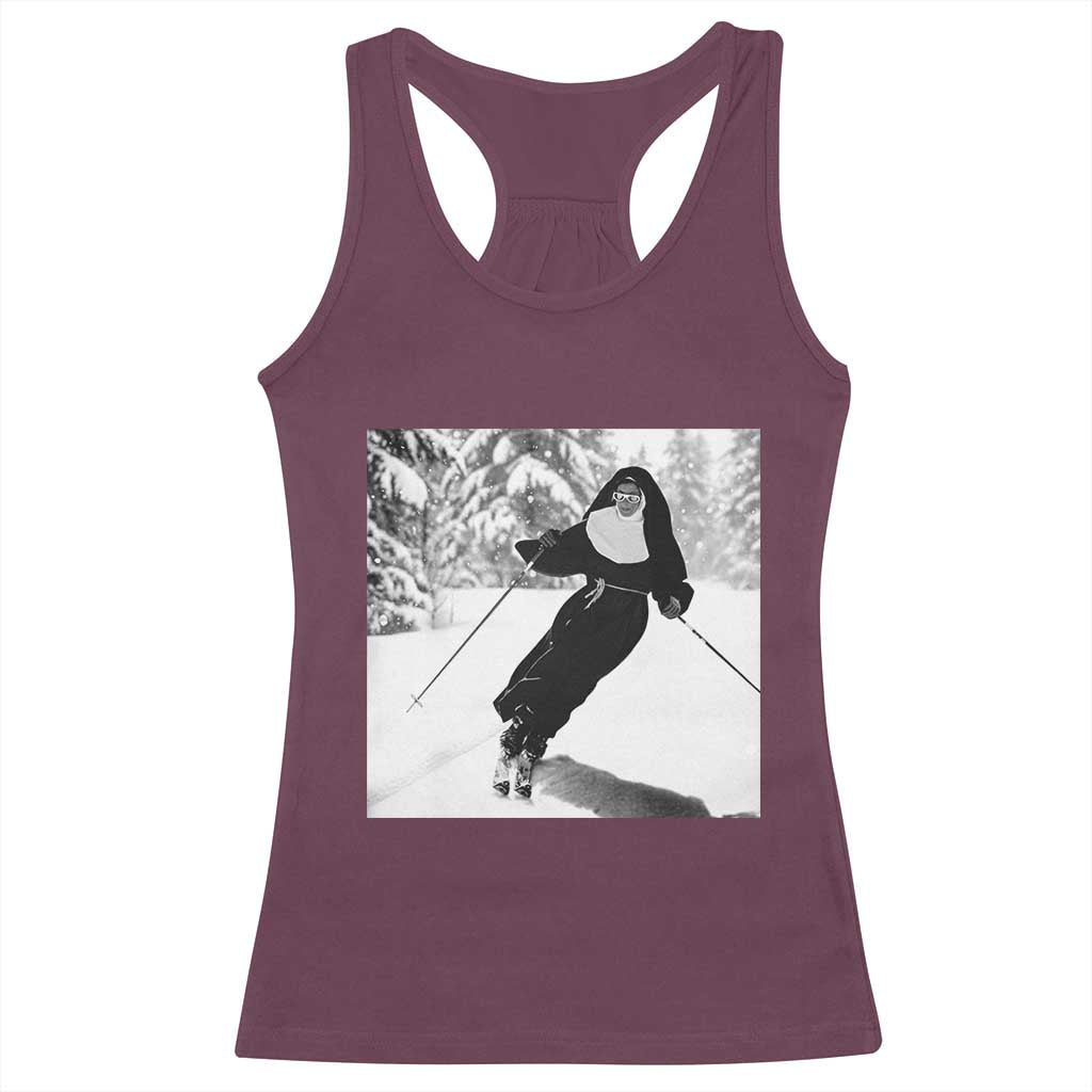 Funny Skiing Nun Graphics Photo Skier Winter Sport Racerback Tank Top TS11 Maroon Print Your Wear