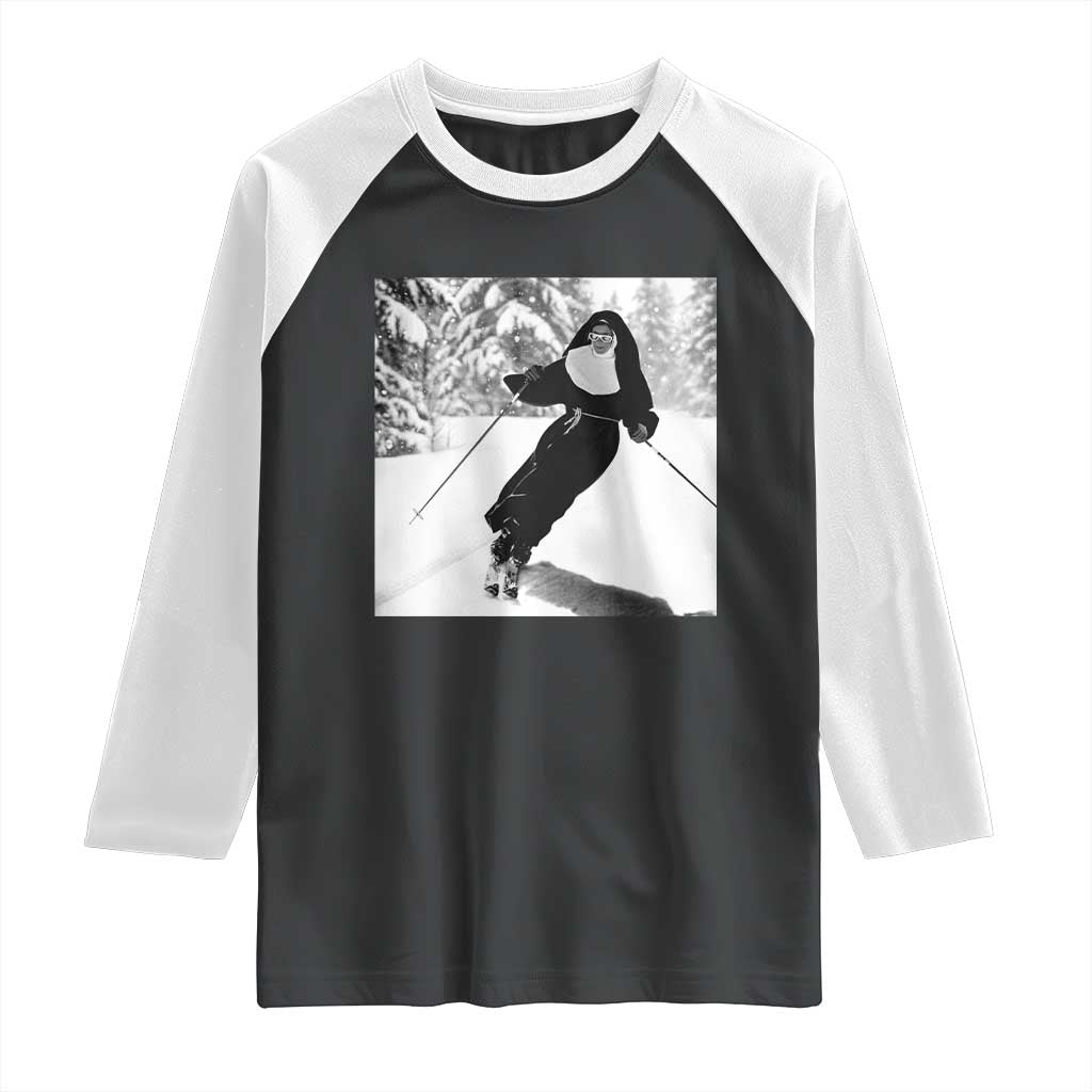 Funny Skiing Nun Graphics Photo Skier Winter Sport Raglan Shirt TS11 Black White Print Your Wear