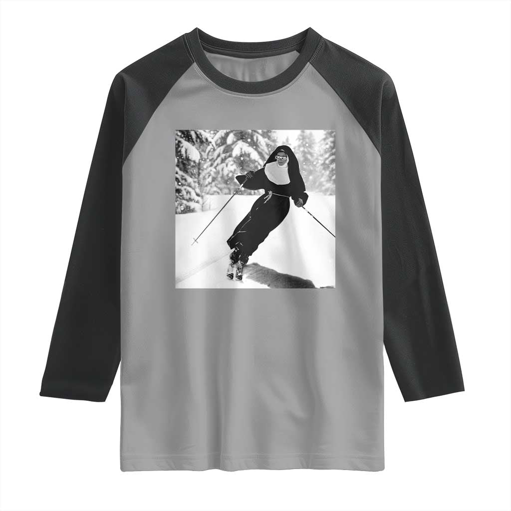 Funny Skiing Nun Graphics Photo Skier Winter Sport Raglan Shirt TS11 Sport Gray Black Print Your Wear