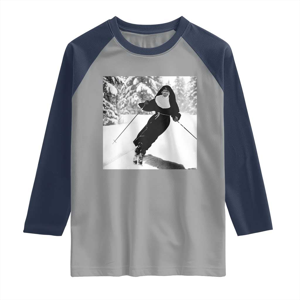 Funny Skiing Nun Graphics Photo Skier Winter Sport Raglan Shirt TS11 Sport Gray Navy Print Your Wear